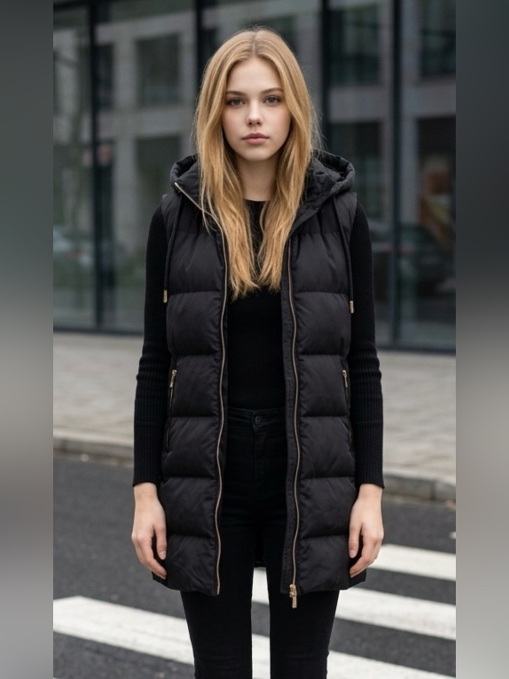Zara Black Quilted Hooded Long Puffer Vest